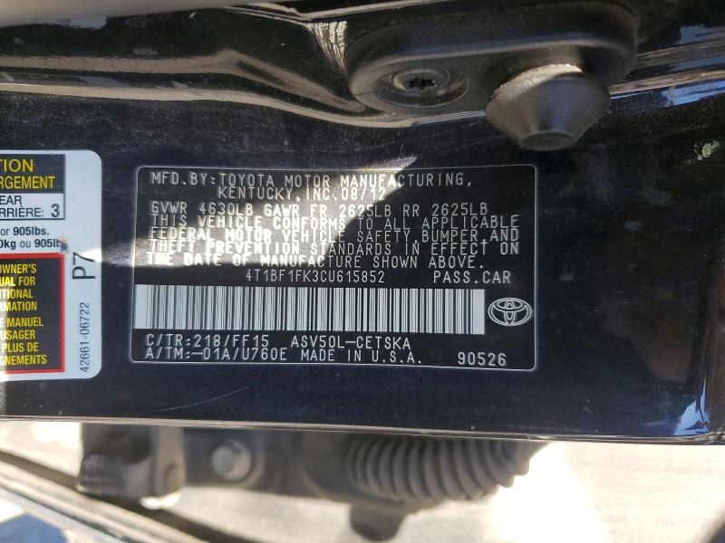 Auction sale of the 2012 Toyota Camry, vin: 4T1BF1FK3CU615852, lot number: 60271596