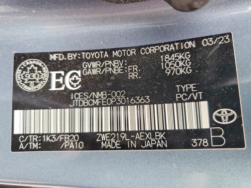 62834306 :رقم المزاد ، JTDBCMFE0P3016363 vin ، 2023 Toyota Corolla Hybrid مزاد بيع
