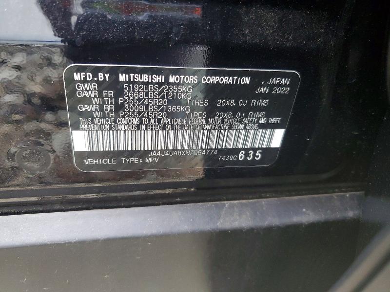 61312756 :رقم المزاد ، JA4J4UA8XNZ064774 vin ، 2022 Mitsubishi Outlander مزاد بيع