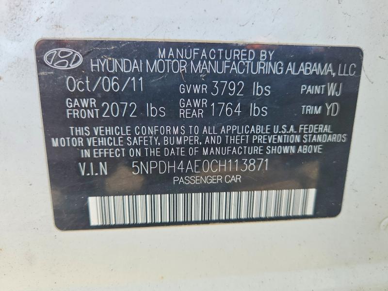 61309756 :رقم المزاد ، 5NPDH4AE0CH113871 vin ، 2012 Hyundai Elantra مزاد بيع