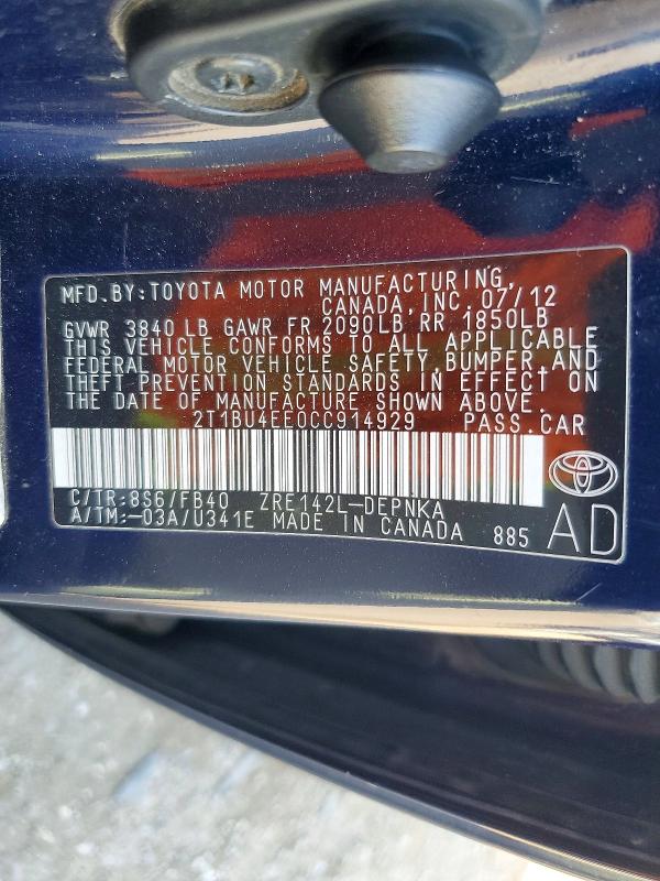 2012 Toyota Corolla მანქანა იყიდება აუქციონზე, vin: 2T1BU4EE0CC914929, აუქციონის ნომერი: 61115126