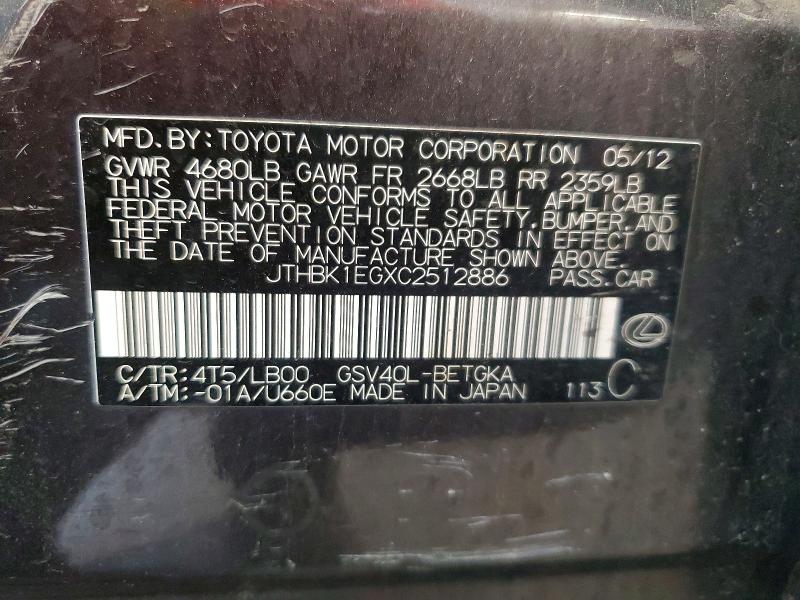 59201346 :رقم المزاد ، JTHBK1EGXC2512886 vin ، 2012 Lexus Es 350 4d مزاد بيع