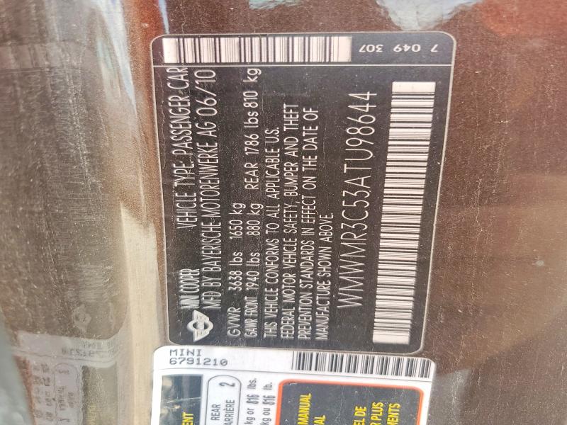 2010 Mini Cooper მანქანა იყიდება აუქციონზე, vin: WMWMR3C53ATU98644, აუქციონის ნომერი: 62453796