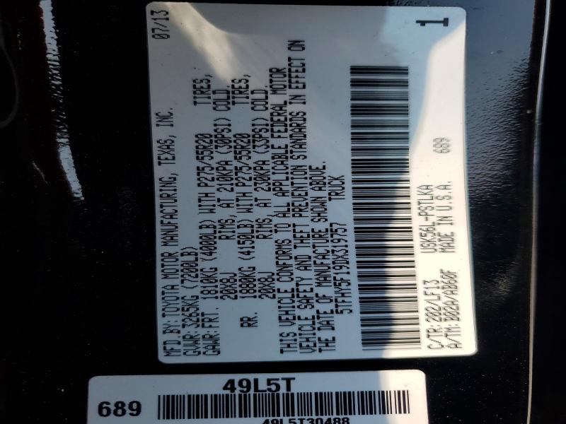 61102866 :رقم المزاد ، 5TFHY5F19DX319757 vin ، 2013 Toyota Tundra مزاد بيع