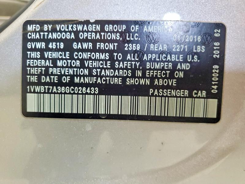 2016 Volkswagen Passat მანქანა იყიდება აუქციონზე, vin: 1VWBT7A36GC026433, აუქციონის ნომერი: 61705366