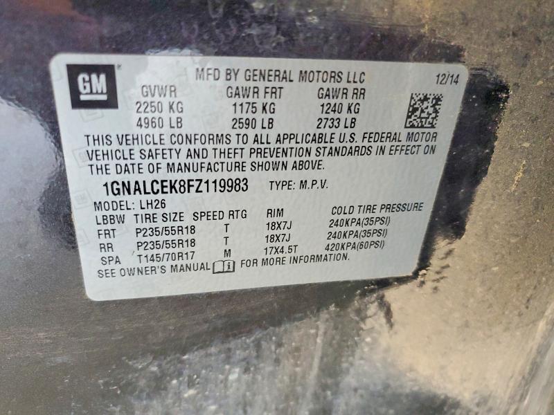 Aukcja sprzedaży 2015 Chevrolet Equinox, vin: 1GNALCEK8FZ119983, numer aukcji: 62936206
