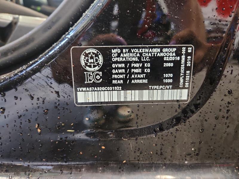 60444806 :رقم المزاد ، 1VWAS7A32GC031322 vin ، 2016 Volkswagen Passat مزاد بيع