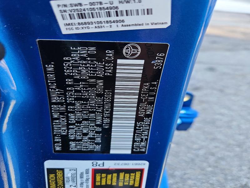 2017 Toyota Camry მანქანა იყიდება აუქციონზე, vin: 4T1BF1FK2HU785031, აუქციონის ნომერი: 59154286