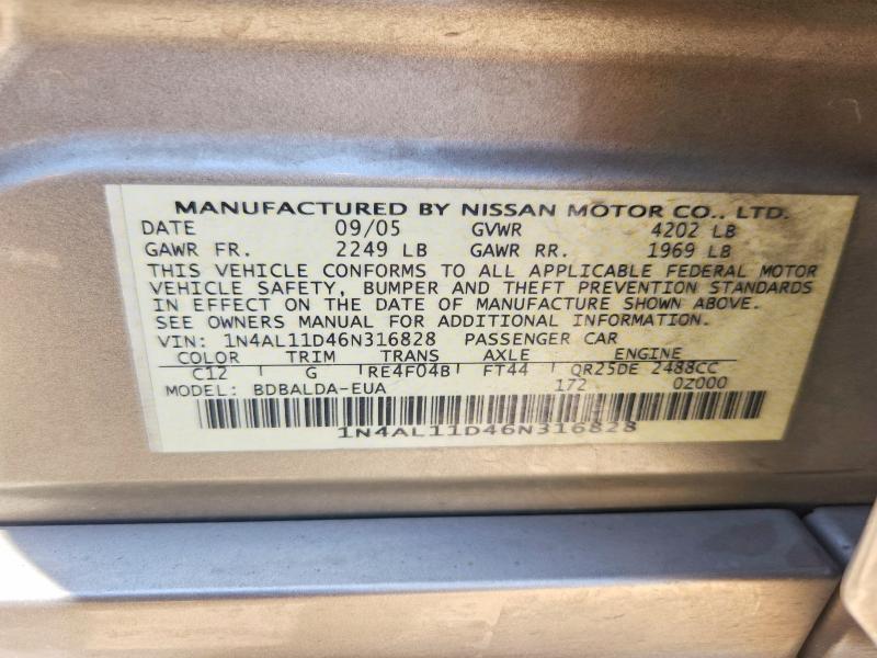 2006 Nissan Altima მანქანა იყიდება აუქციონზე, vin: 1N4AL11D46N316828, აუქციონის ნომერი: 63235016