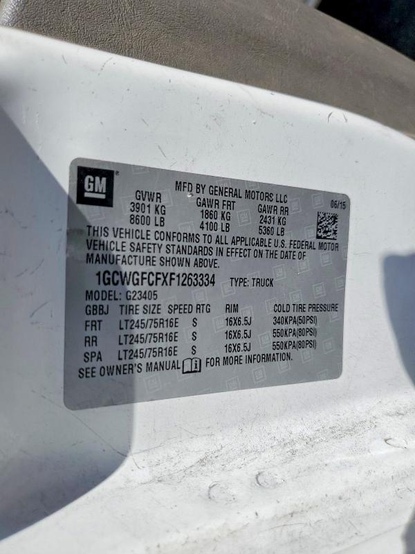 Aukcja sprzedaży 2015 Chevrolet Express G2500, vin: 1GCWGFCFXF1263334, numer aukcji: 60615126