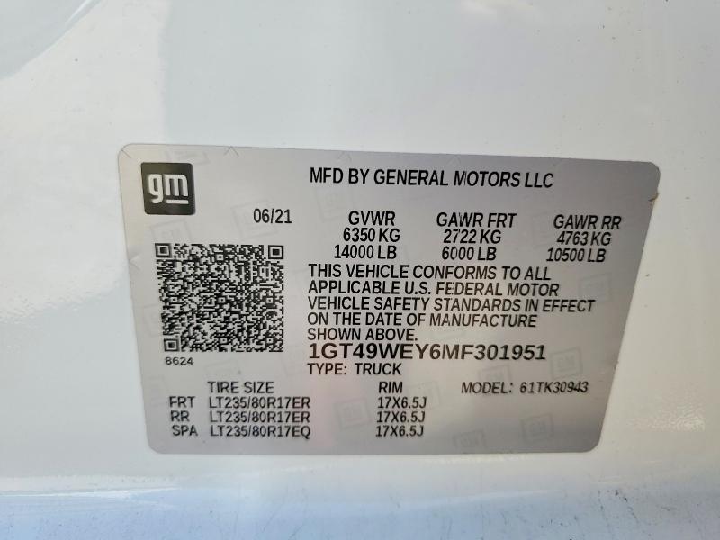 Aukcja sprzedaży 2021 Gmc Sierra, vin: 1GT49WEY6MF301951, numer aukcji: 62887256