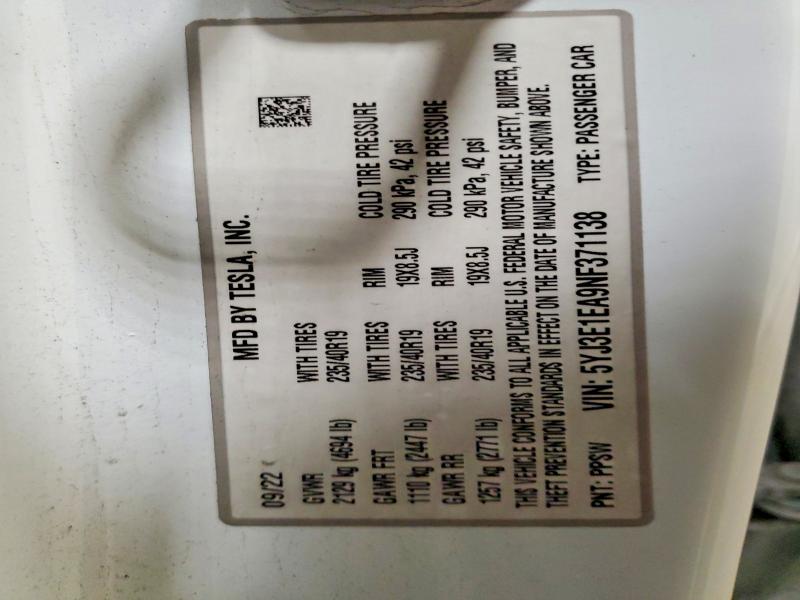 60405226 :رقم المزاد ، 5YJ3E1EA9NF371138 vin ، 2022 Tesla Model 3 مزاد بيع