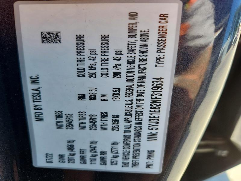 Продаж на аукціоні авто 2022 Tesla Model 3, vin: 5YJ3E1EB2NF319634, номер лоту: 59919116