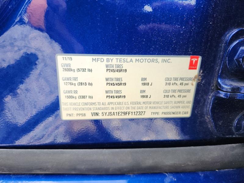 2015 Tesla Model S მანქანა იყიდება აუქციონზე, vin: 5YJSA1E29FF112327, აუქციონის ნომერი: 60917386