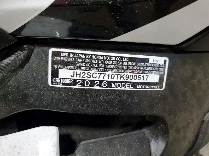 Aukcja sprzedaży 2026 Honda Cbr1000, vin: JH2SC7710TK900517, numer aukcji: 61587666