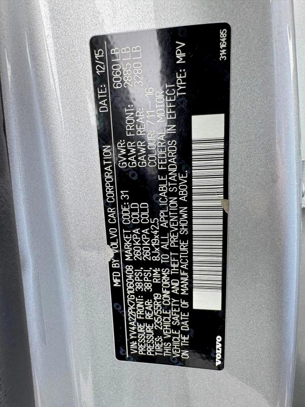 61685426 :رقم المزاد ، YV4A22PK7G1060408 vin ، 2016 Volvo Xc90 مزاد بيع