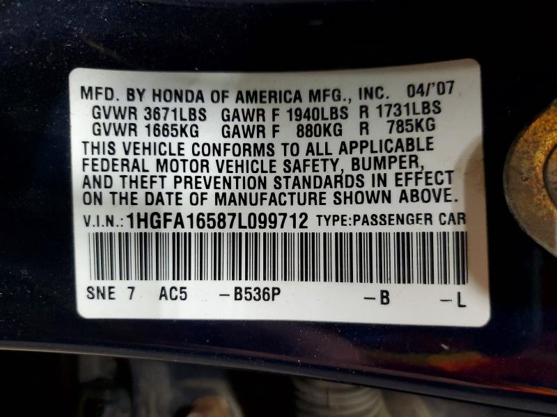 60820266 :رقم المزاد ، 1HGFA16587L099712 vin ، 2007 Honda Civic مزاد بيع