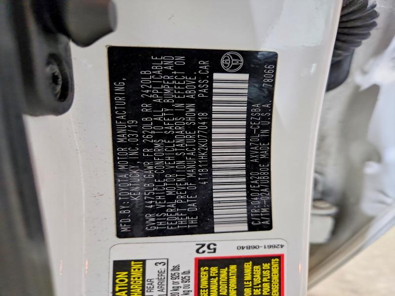 2019 Toyota Camry მანქანა იყიდება აუქციონზე, vin: 4T1B11HK2KU770418, აუქციონის ნომერი: 59376276