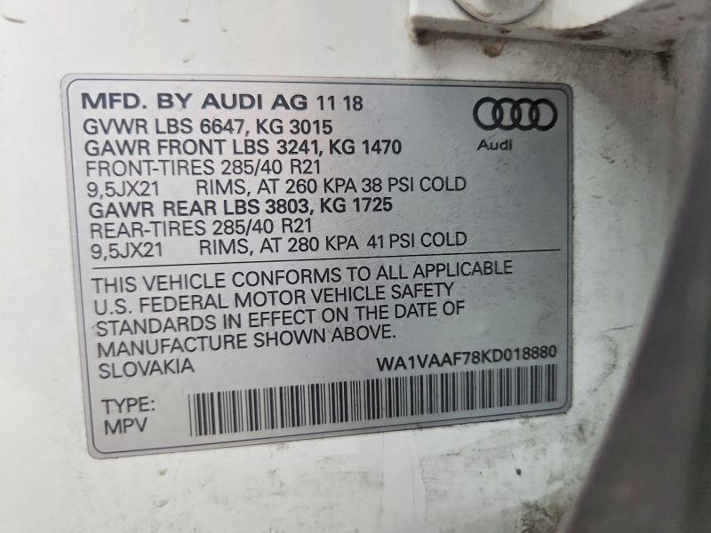 2019 Audi Q7 მანქანა იყიდება აუქციონზე, vin: WA1VAAF78KD018880, აუქციონის ნომერი: 60671526