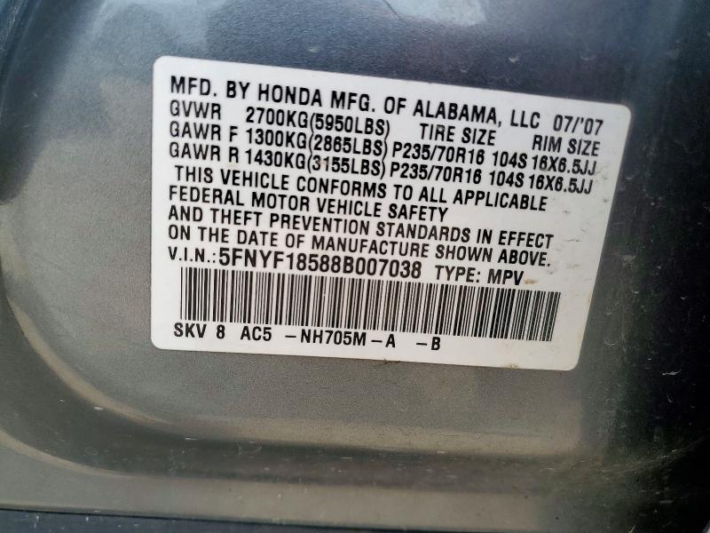Продаж на аукціоні авто 2008 Honda Pilot, vin: 5FNYF18588B007038, номер лоту: 62471086