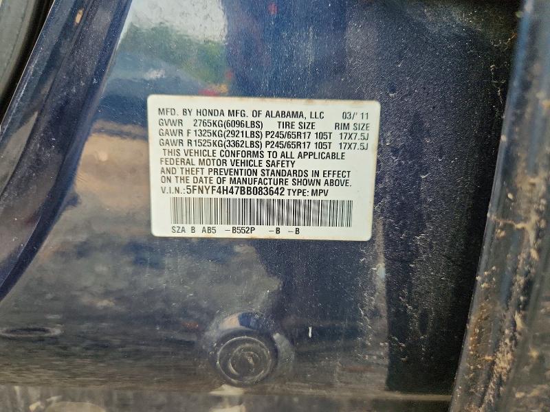 60556306 :رقم المزاد ، 5FNYF4H47BB083642 vin ، 2011 Honda Pilot مزاد بيع