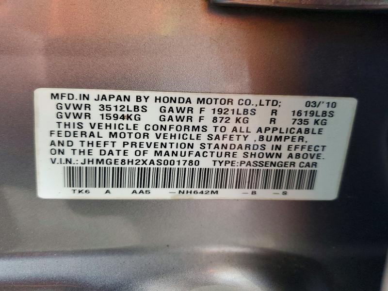 Aukcja sprzedaży 2010 Honda Fit, vin: JHMGE8H2XAS001780, numer aukcji: 61730786