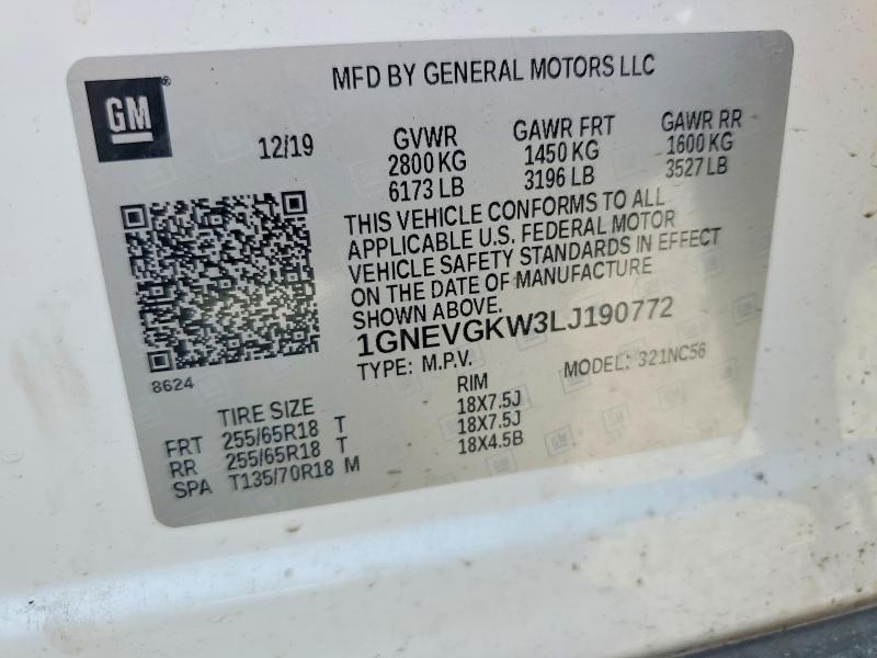Aukcja sprzedaży 2020 Chevrolet Traverse, vin: 1GNEVGKW3LJ190772, numer aukcji: 59225536