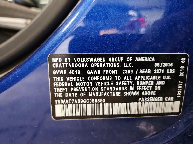 Aukcja sprzedaży 2016 Volkswagen Passat, vin: 1VWAT7A39GC056893, numer aukcji: 60464366