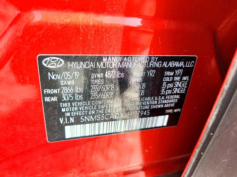 2020 Hyundai Sante Fe მანქანა იყიდება აუქციონზე, vin: 5NMS3CADXLH197945, აუქციონის ნომერი: 60850146