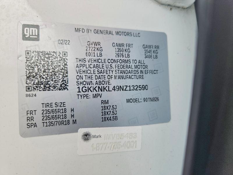 Aukcja sprzedaży 2022 Gmc Acadia, vin: 1GKKNKL49NZ132590, numer aukcji: 85625125