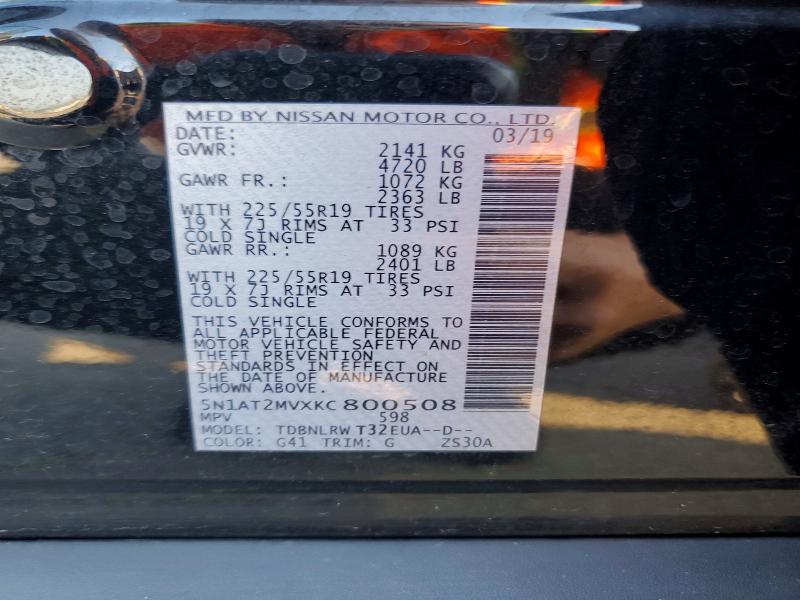 2019 Nissan Rogue მანქანა იყიდება აუქციონზე, vin: 5N1AT2MVXKC800508, აუქციონის ნომერი: 60890256
