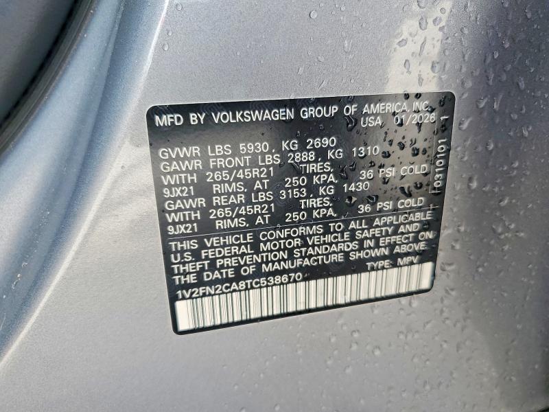 2026 Volkswagen Atlas მანქანა იყიდება აუქციონზე, vin: 1V2FN2CA8TC538670, აუქციონის ნომერი: 60880826