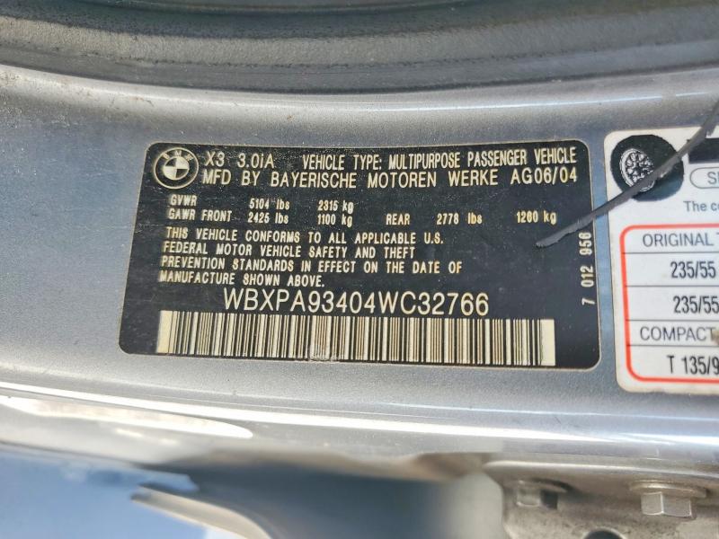 2004 Bmw X3 მანქანა იყიდება აუქციონზე, vin: WBXPA93404WC32766, აუქციონის ნომერი: 60253336