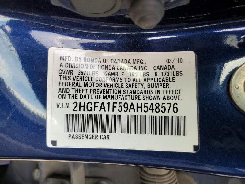 61596626 :رقم المزاد ، 2HGFA1F59AH548576 vin ، 2010 Honda Civic مزاد بيع