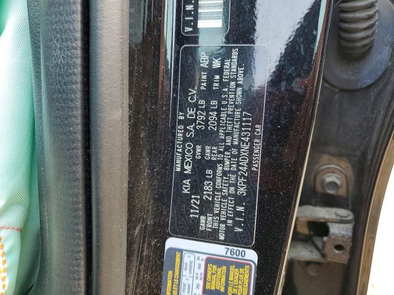 62783376 :رقم المزاد ، 3KPF24ADXNE431117 vin ، 2022 Kia Forte مزاد بيع