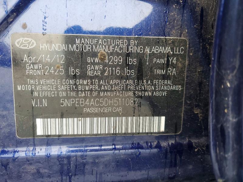60502586 :رقم المزاد ، 5NPEB4AC5DH511082 vin ، 2013 Hyundai Sonata مزاد بيع