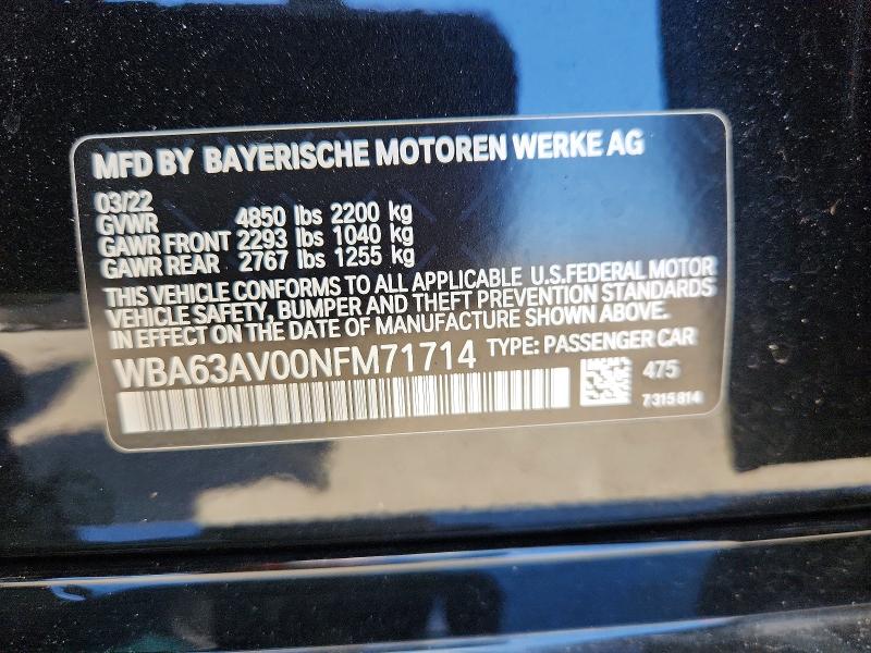 2022 Bmw 430i მანქანა იყიდება აუქციონზე, vin: WBA63AV00NFM71714, აუქციონის ნომერი: 61349456