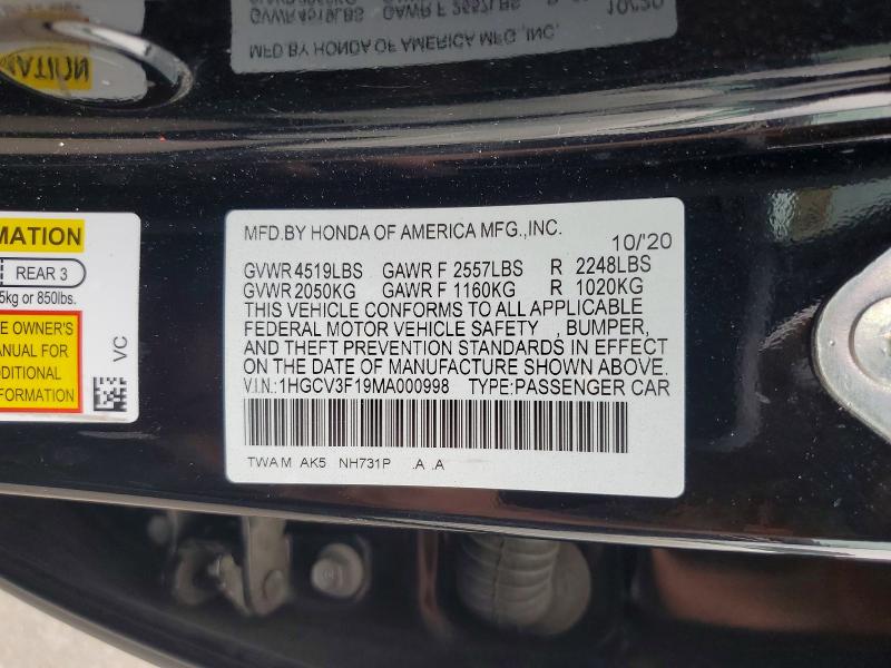 61838446 :رقم المزاد ، 1HGCV3F19MA000998 vin ، 2021 Honda Accord مزاد بيع