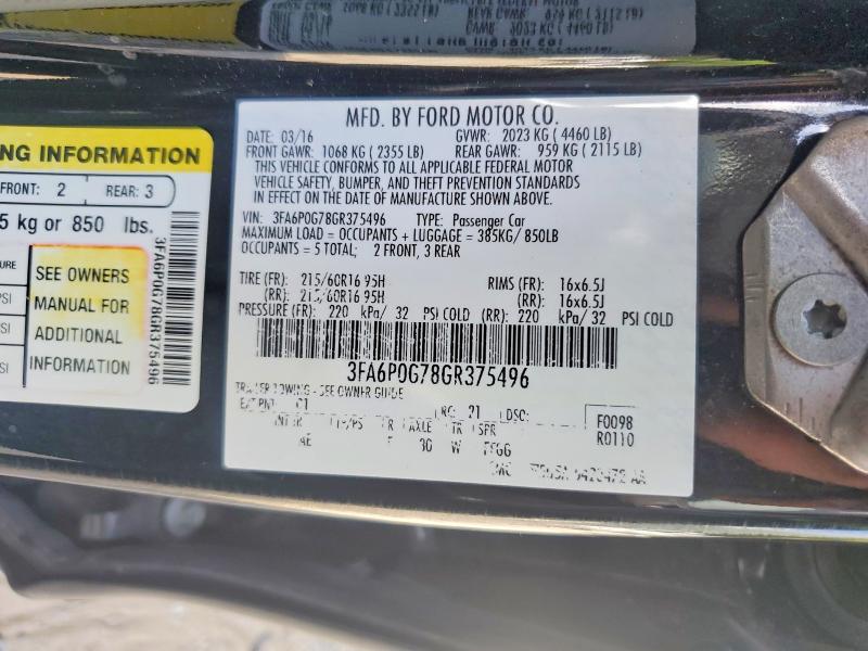 Aukcja sprzedaży 2016 Ford Fusion, vin: 3FA6P0G78GR375496, numer aukcji: 61050346