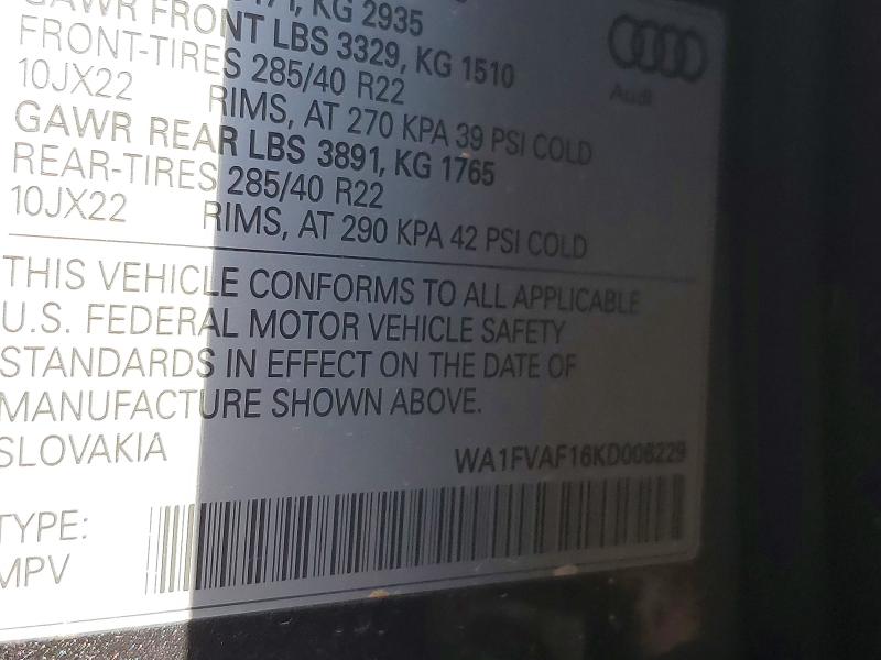 Aukcja sprzedaży 2019 Audi Q8, vin: WA1FVAF16KD006229, numer aukcji: 63017876