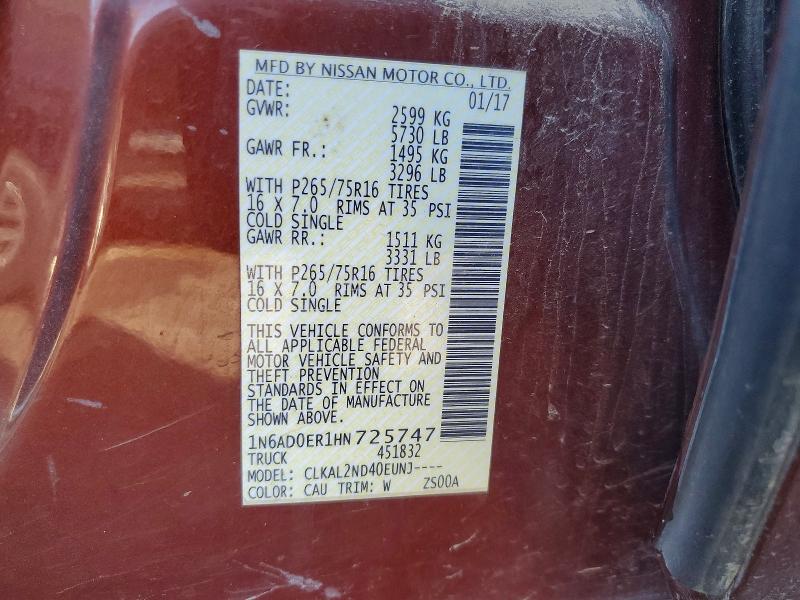 Aukcja sprzedaży 2017 Nissan Frontier, vin: 1N6AD0ER1HN725747, numer aukcji: 59894246