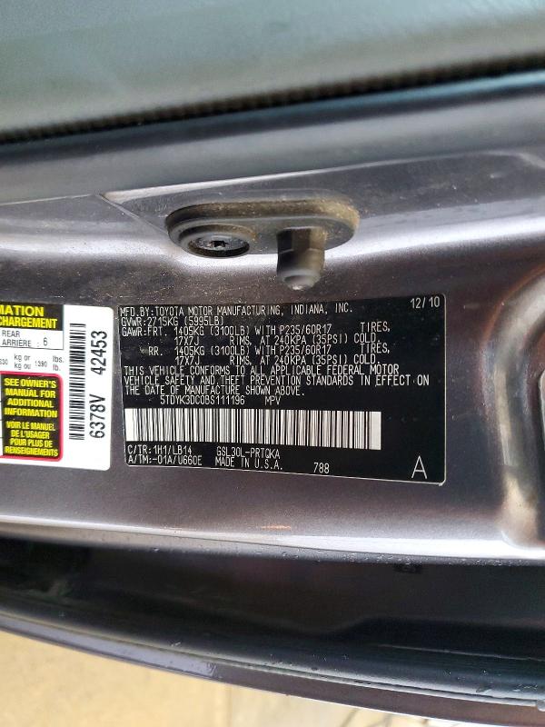Aukcja sprzedaży 2011 Toyota Sienna, vin: 5TDYK3DC0BS111196, numer aukcji: 62382166