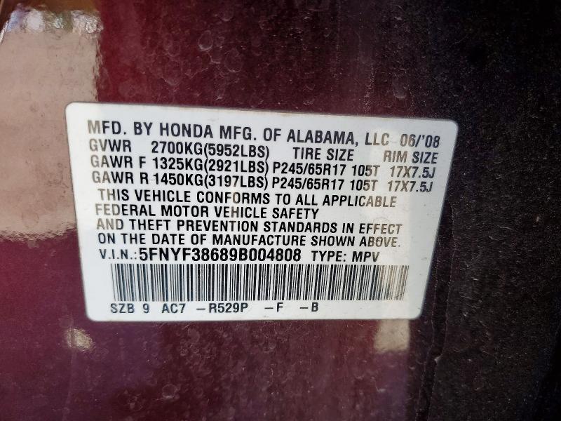 Auction sale of the 2009 Honda Pilot, vin: 5FNYF38689B004808, lot number: 62878096
