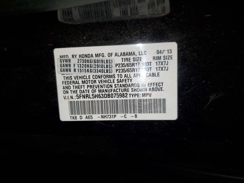 Aukcja sprzedaży 2013 Honda Odyssey, vin: 5FNRL5H63DB075982, numer aukcji: 85455495
