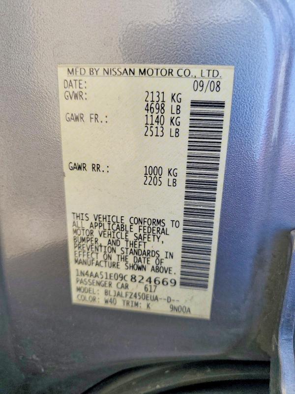 2009 Nissan Maxima მანქანა იყიდება აუქციონზე, vin: 1N4AA51E09C824669, აუქციონის ნომერი: 61401416