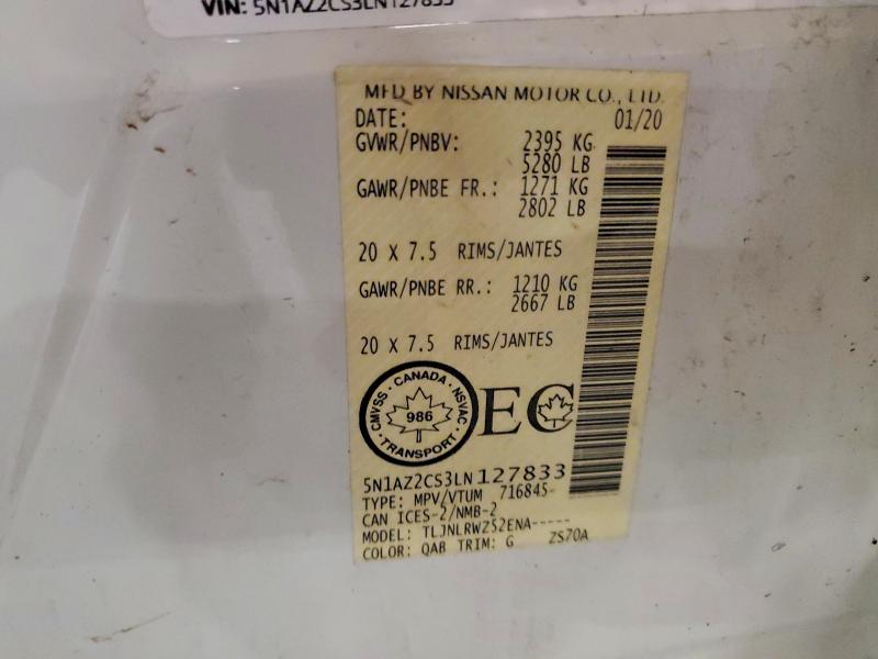 Продажа на аукционе авто 2020 Nissan Murano, vin: 5N1AZ2CS3LN127833, номер лота: 59708126