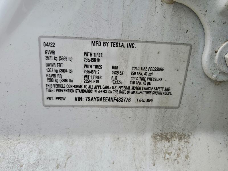 Продажа на аукционе авто 2022 Tesla Model Y, vin: 7SAYGAEE4NF433776, номер лота: 85609495