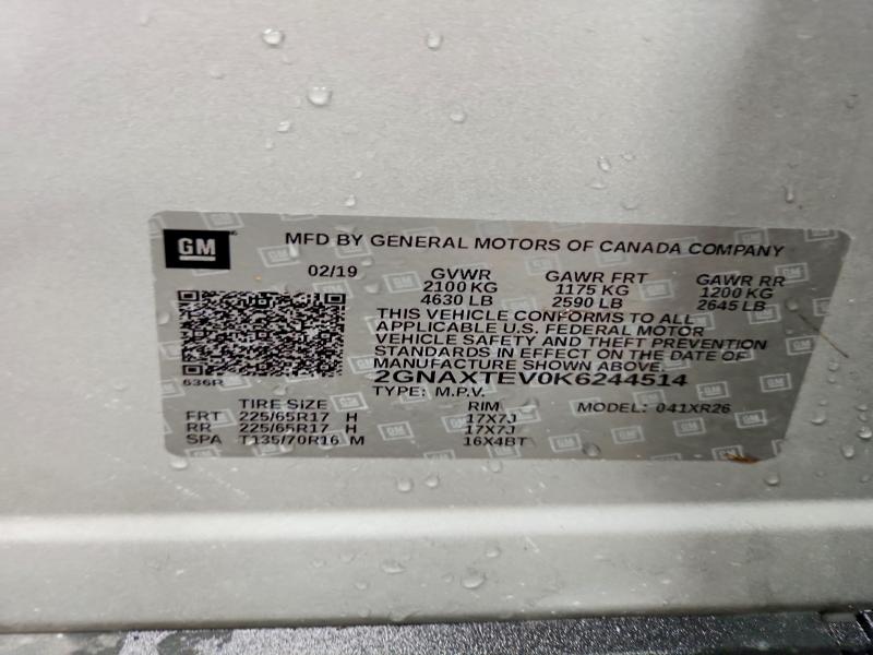 60976406 :رقم المزاد ، 2GNAXTEV0K6244514 vin ، 2019 Chevrolet Equinox مزاد بيع