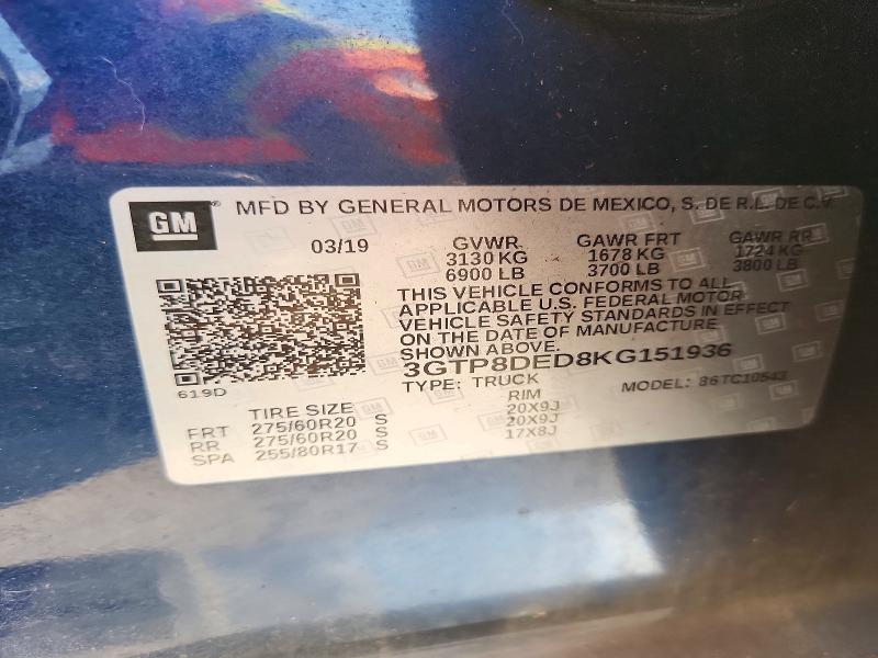 Продажа на аукционе авто 2019 Gmc Sierra, vin: 3GTP8DED8KG151936, номер лота: 58089036