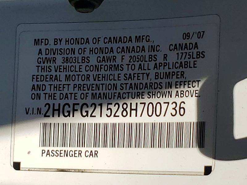 63424526 :رقم المزاد ، 2HGFG21528H700736 vin ، 2008 Honda Civic مزاد بيع